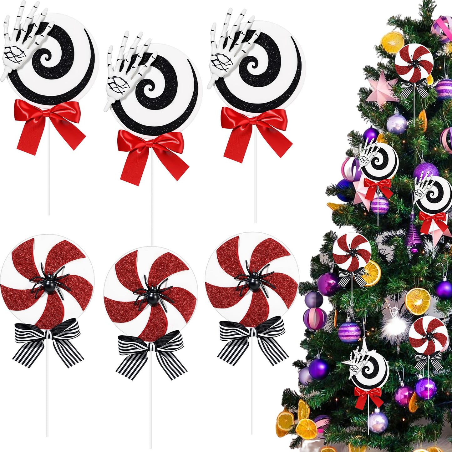 Gejoy 6 Pcs Black White and Red Christmas Ornaments Gothic Christmas Tree Picks Candy Cane Lollipop Double Sided Peppermint Lollipop Ornaments for Xmas Tree Topper Party Supplies Vase Decor