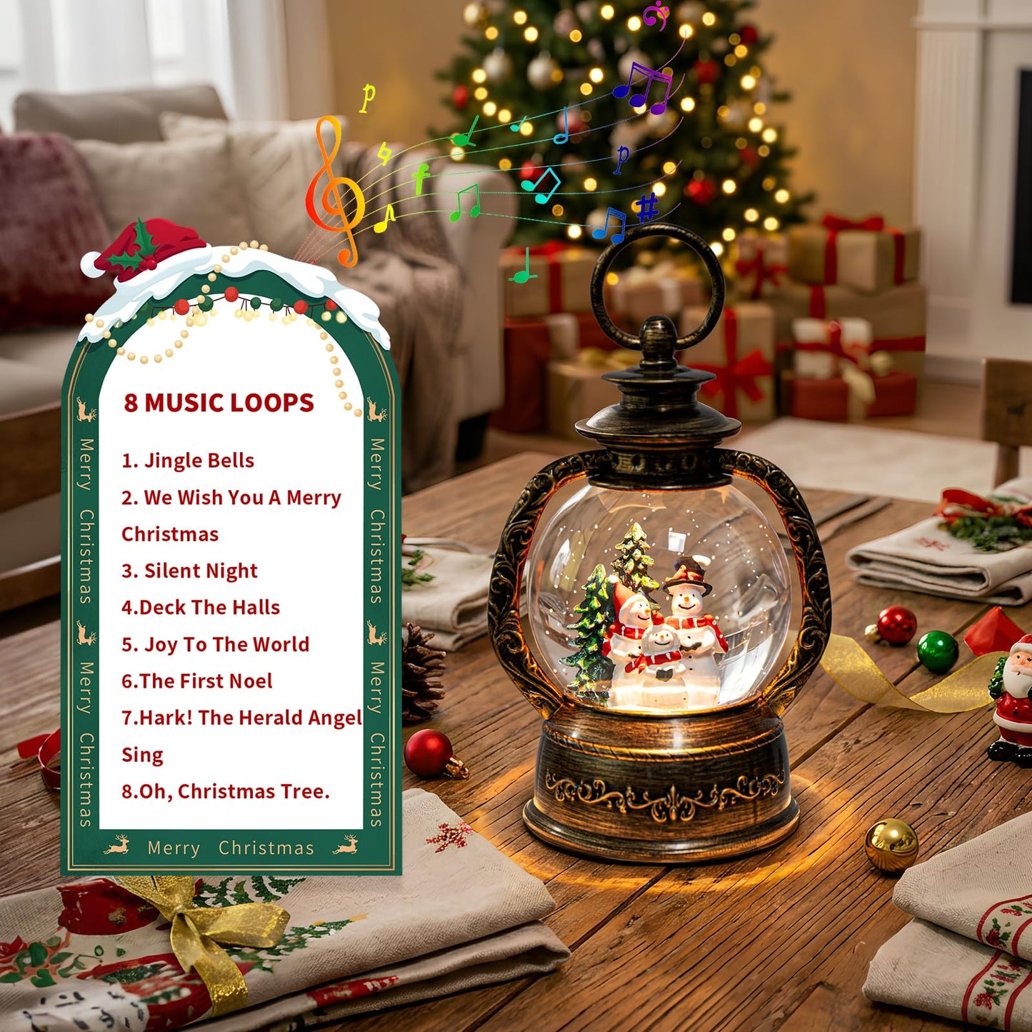 Christmas Snow Globe Water Lantern with Snowman Choir Scene Battery Operated or USB Powered Musical Lighted Holiday Decoration for Tabletop Display for Family and Friends