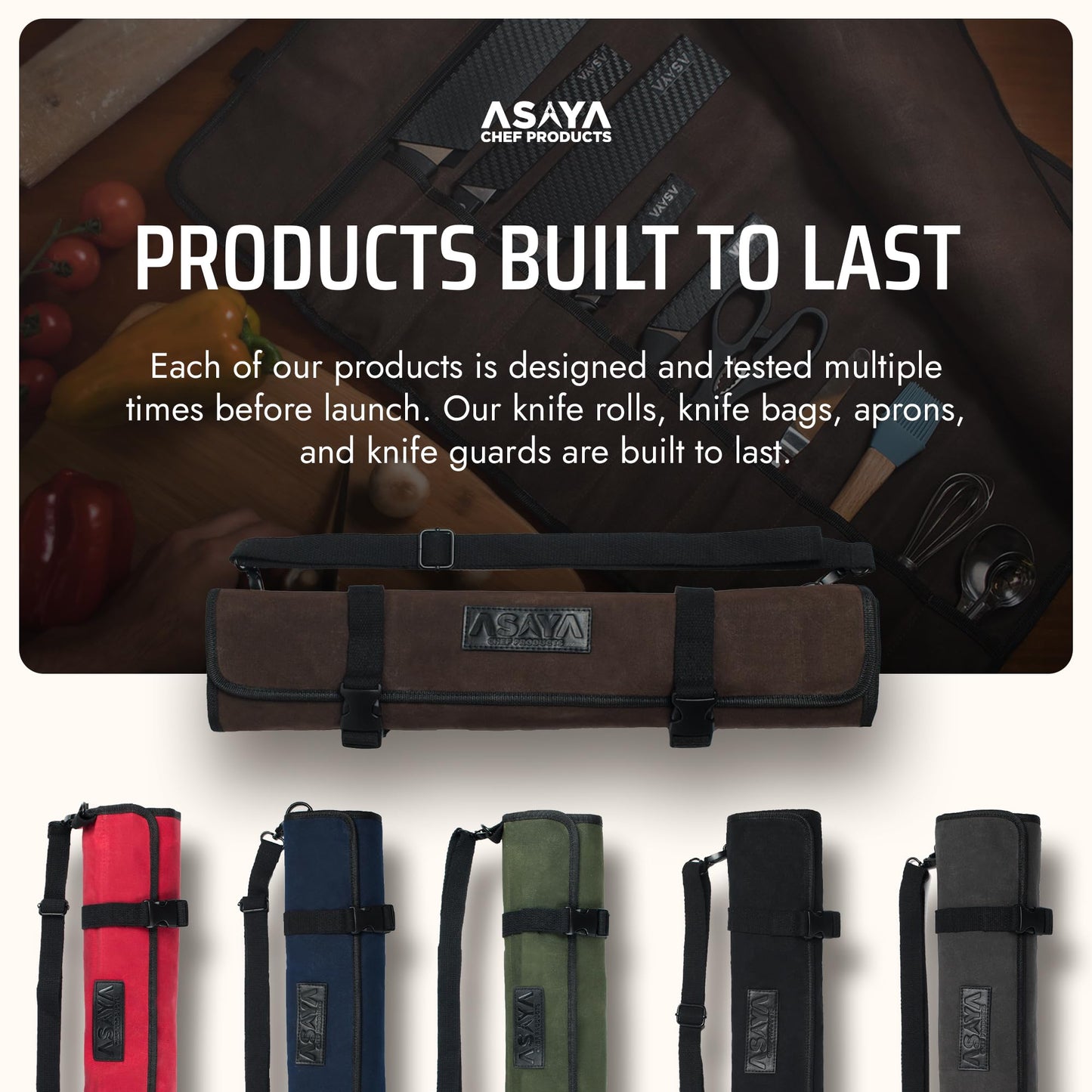 Asaya Waxed Canvas Chef Knife Roll Bag with 10 Slots and a Zipper Pocket - Professional Chef Knife Bag & Storage Case, with Shoulder Strap - Knives Not Included (Brown)
