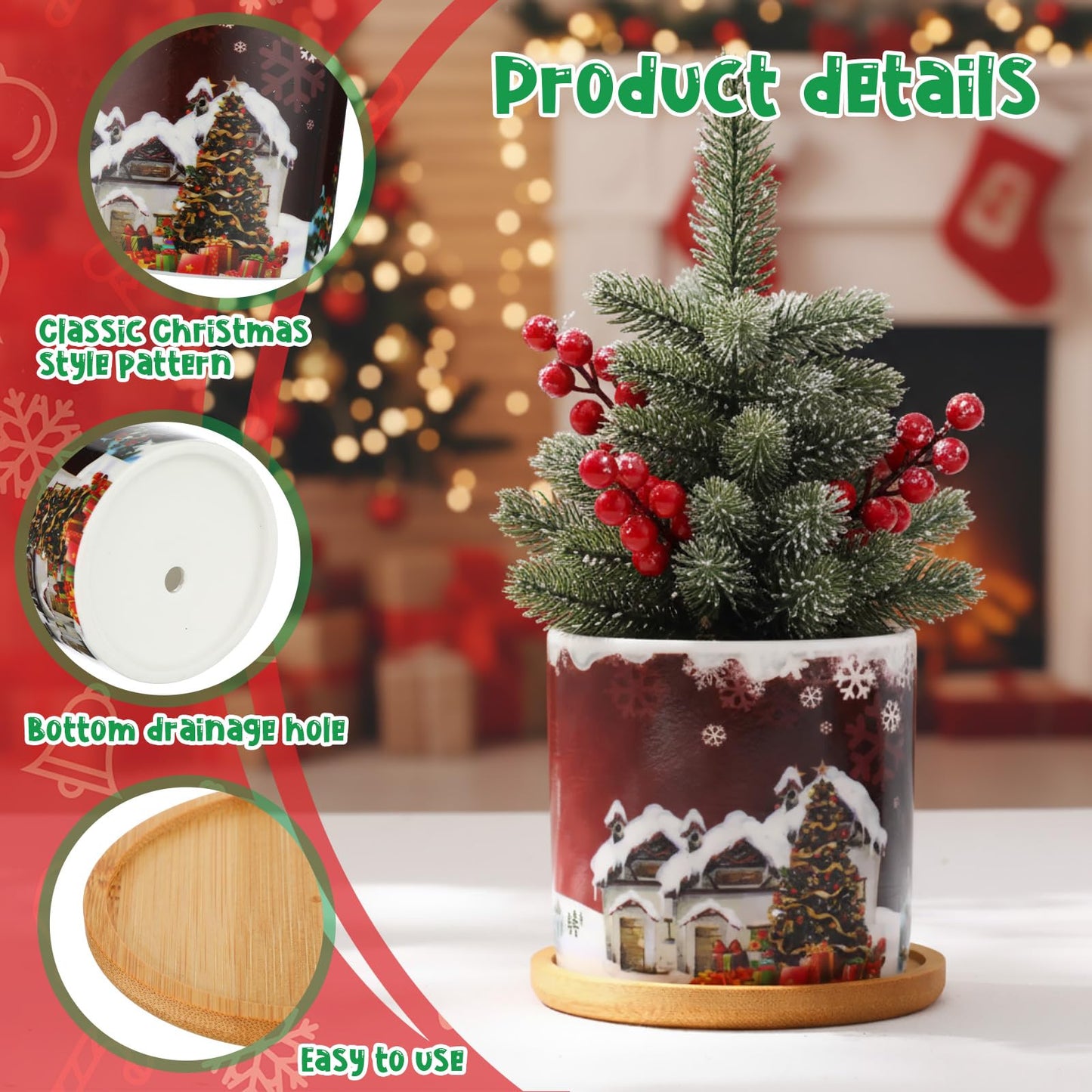 Meanplan 6 Pcs 3.5'' Christmas Ceramic Plant Pots with Drainage Holes and 6 Pcs Bamboo Trays Succulent Planters Cactus Pot for Indoor Outdoor Plants Holiday Christmas Home Office Decor