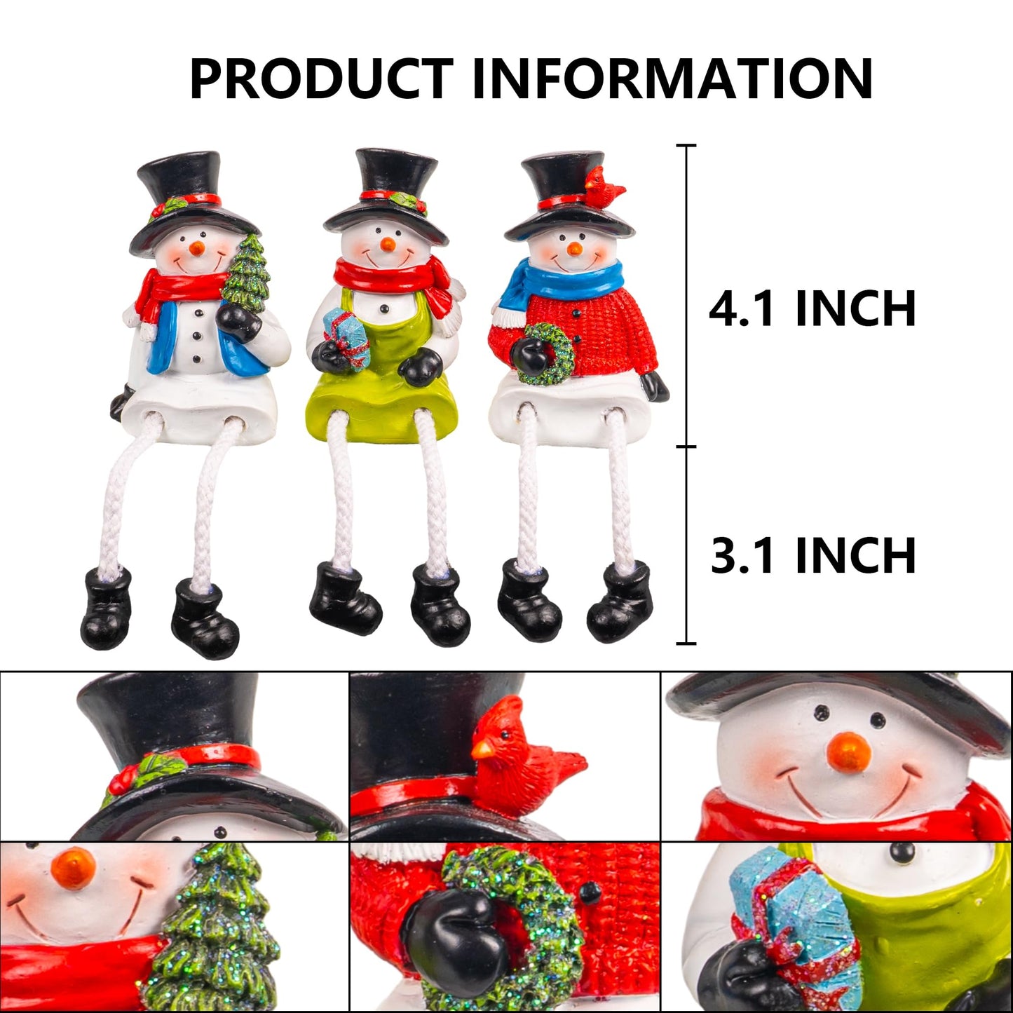 Dazzle Bright Christmas Figurines, Set of 3 Resin Santa Snowman Sitters with Dangling Legs, Xmas Table Fireplace Shelf Sitters Decorations Sitting Figurines Ornament for Indoor Home Decor
