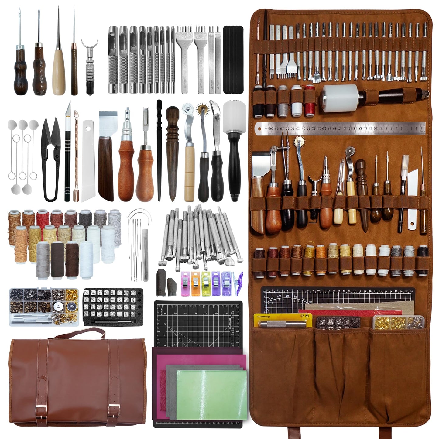 Runfider Leather Working Tool Set 588PCS Professional Leather Craft Tools Kit for Beginners with Carving Cutting Punching Sewing & Stamping Tools Leatherworking Kit for Handicraft DIY