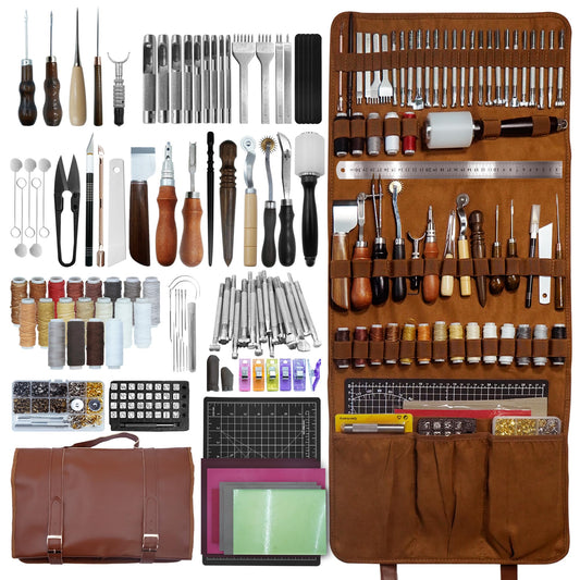 Runfider Leather Working Tool Set 588PCS Professional Leather Craft Tools Kit for Beginners with Carving Cutting Punching Sewing & Stamping Tools Leatherworking Kit for Handicraft DIY