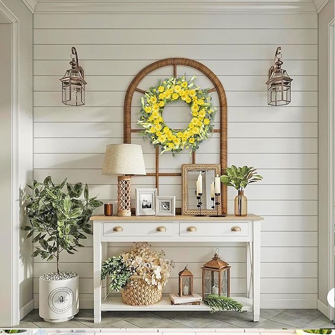 Spring Summer Door Wreath 20 Inch Yellow Daisies/Forsythia Flowers with Eucalyptus Leaves Seasonal Wreath for Front Door, Wall, or Porch Patio Decor