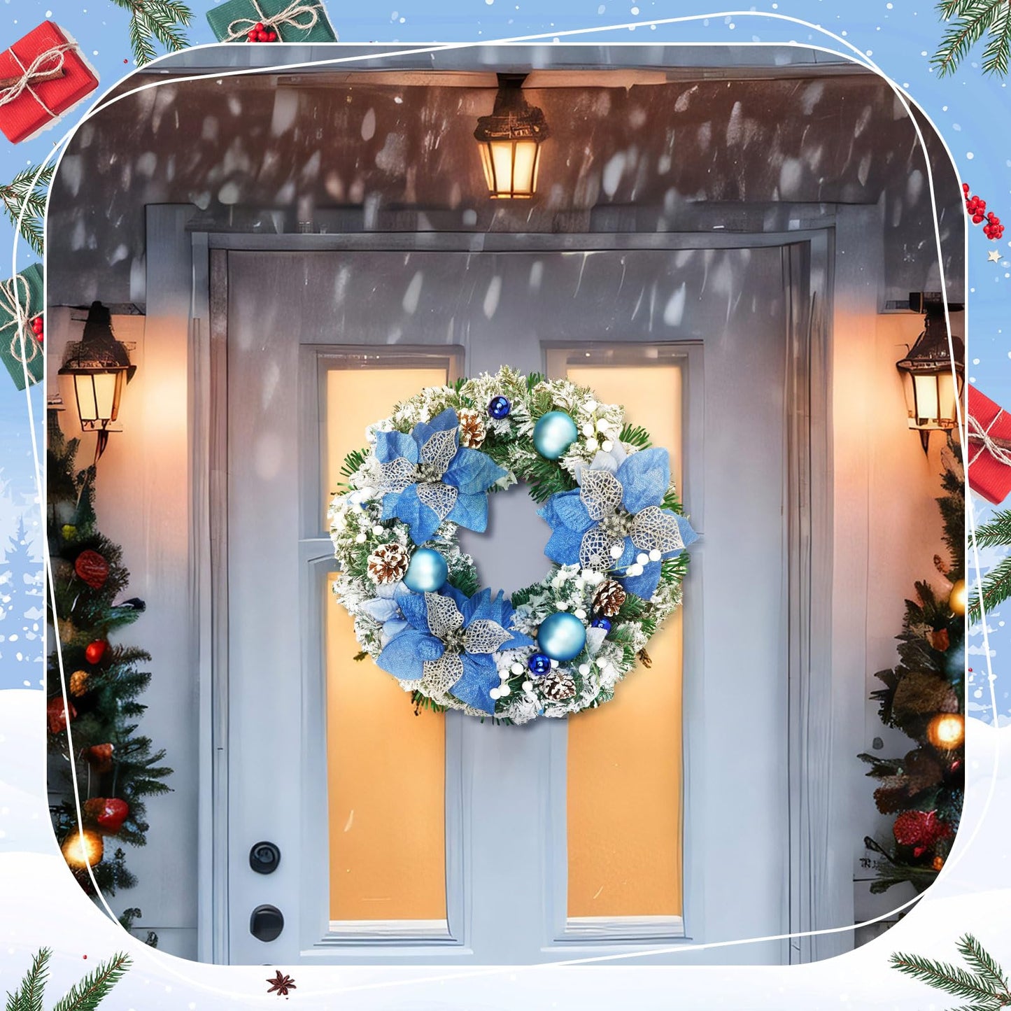 Knitgrip Pre-Lit Christmas Wreaths for Front Door 13.7 Inches Christmas Wreath with Ball Ornaments 20 LED Lighted Hoop for Outdoor Wall Window Fireplace (Blue,Blue Flower Style)