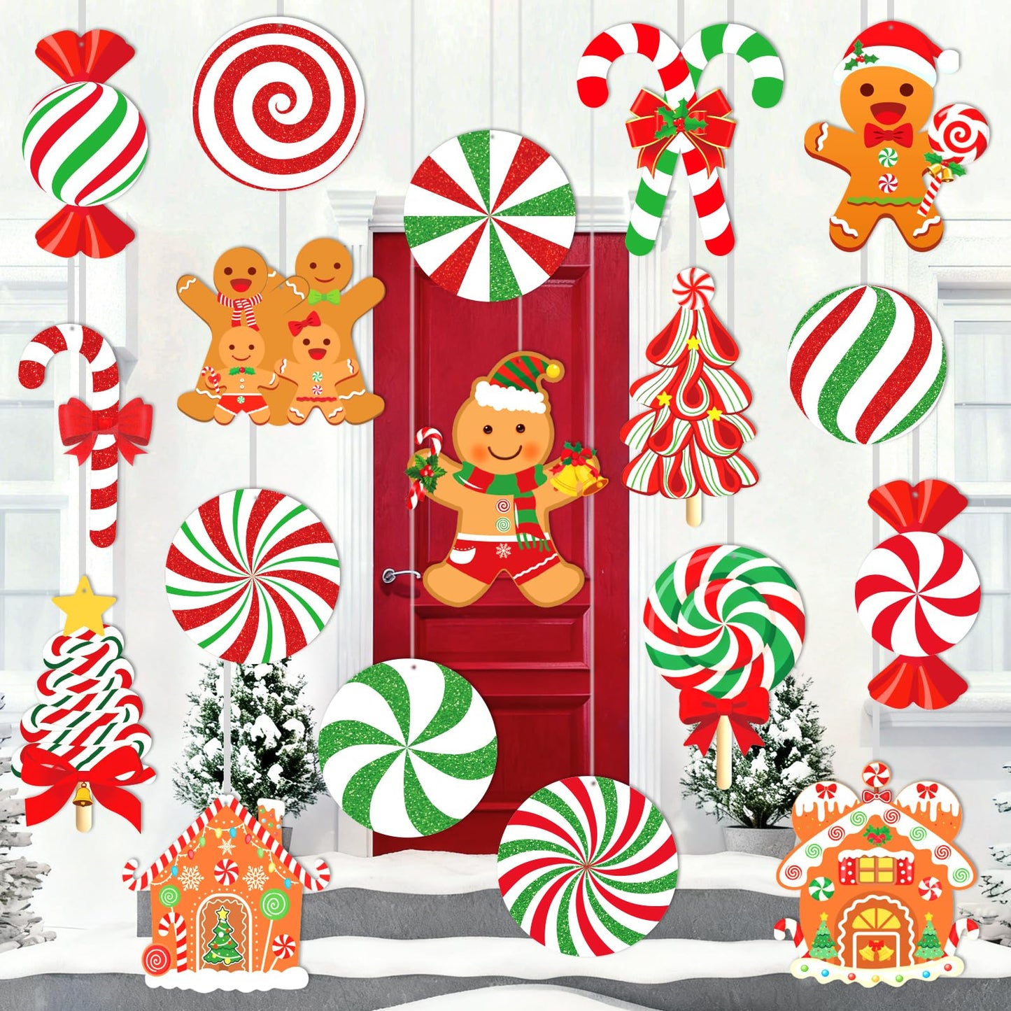 18pcs Large Candy Gingerbread Christmas Decorations Outdoor Hanging Yard Candy Gingerbread Men House Christmas Ornaments Thick Plastic for Yard Porch Christmas Tree Decorations