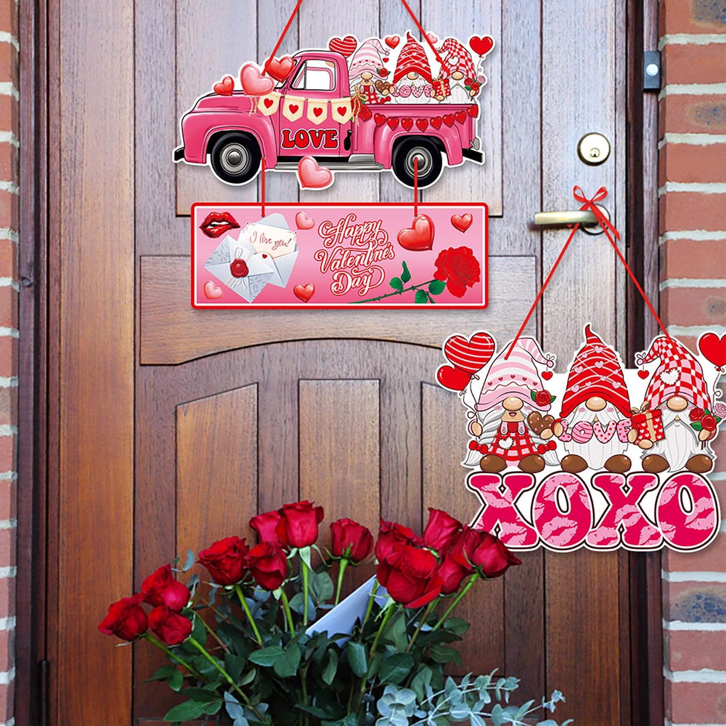 Pink-Red Valentines-Day Front-Porch Door Hanger-Decor - 6pcs Love Romantic Special Night Galentines Party Paper Signs Banners,Engagement Wedding Anniversary Wall Hanging Decorations Lasting Surprise