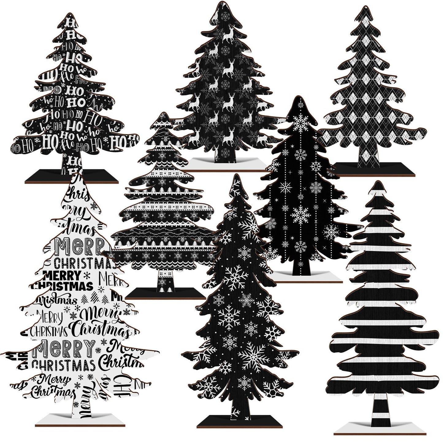 Cinrobiye 8 Pcs Christmas Table Decorations, Black White Christmas Tree Tabletop Centerpieces Farmhouse Rustic Wood Xmas Trees for Home Mantel Fireplace Winter Holiday Party Supplies Decor (Black)
