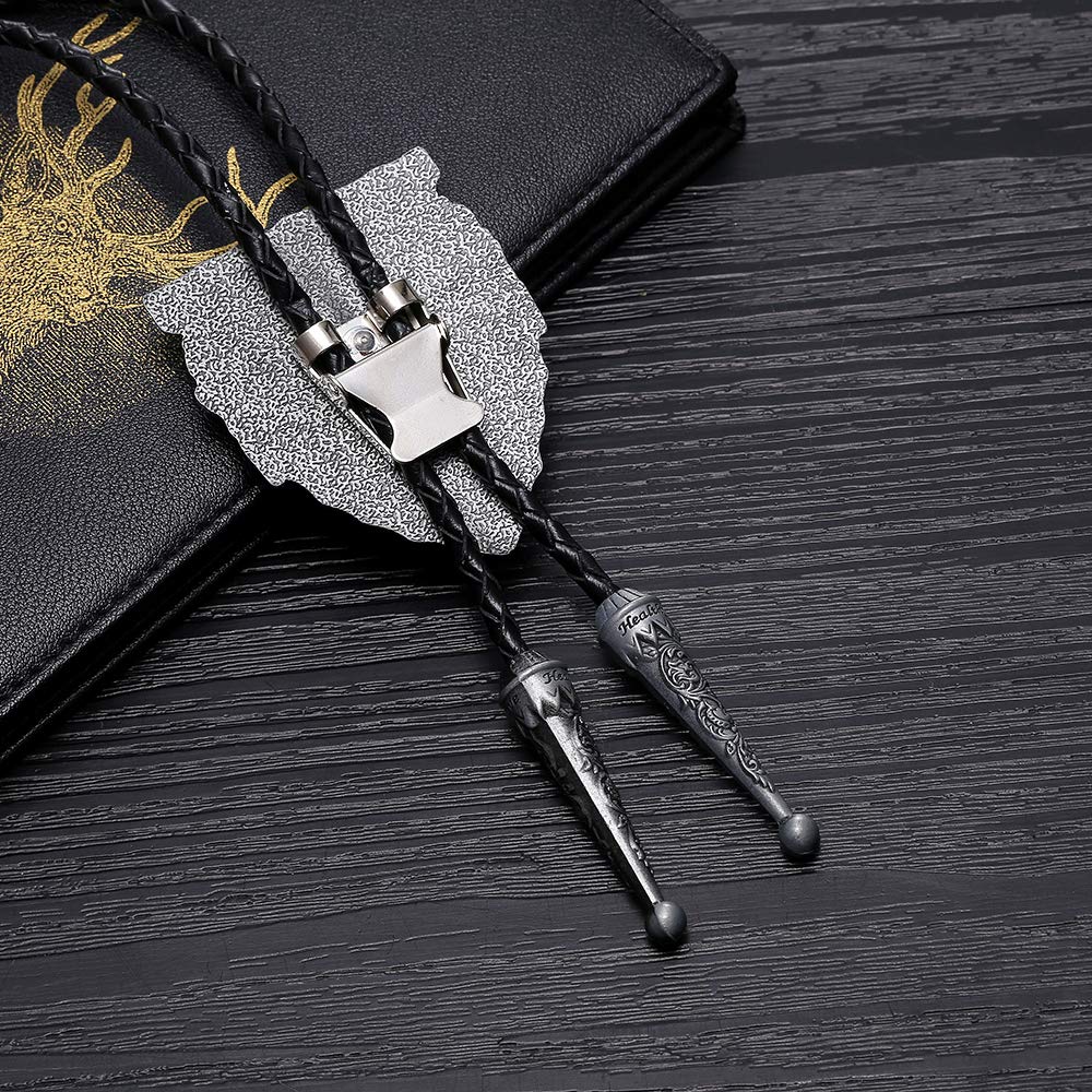joymiao Leather Bolo Tie Vintage Adjustable Cowboy Neck with Round Silver Pendant Handmade Western Cow Skull Design Necktie