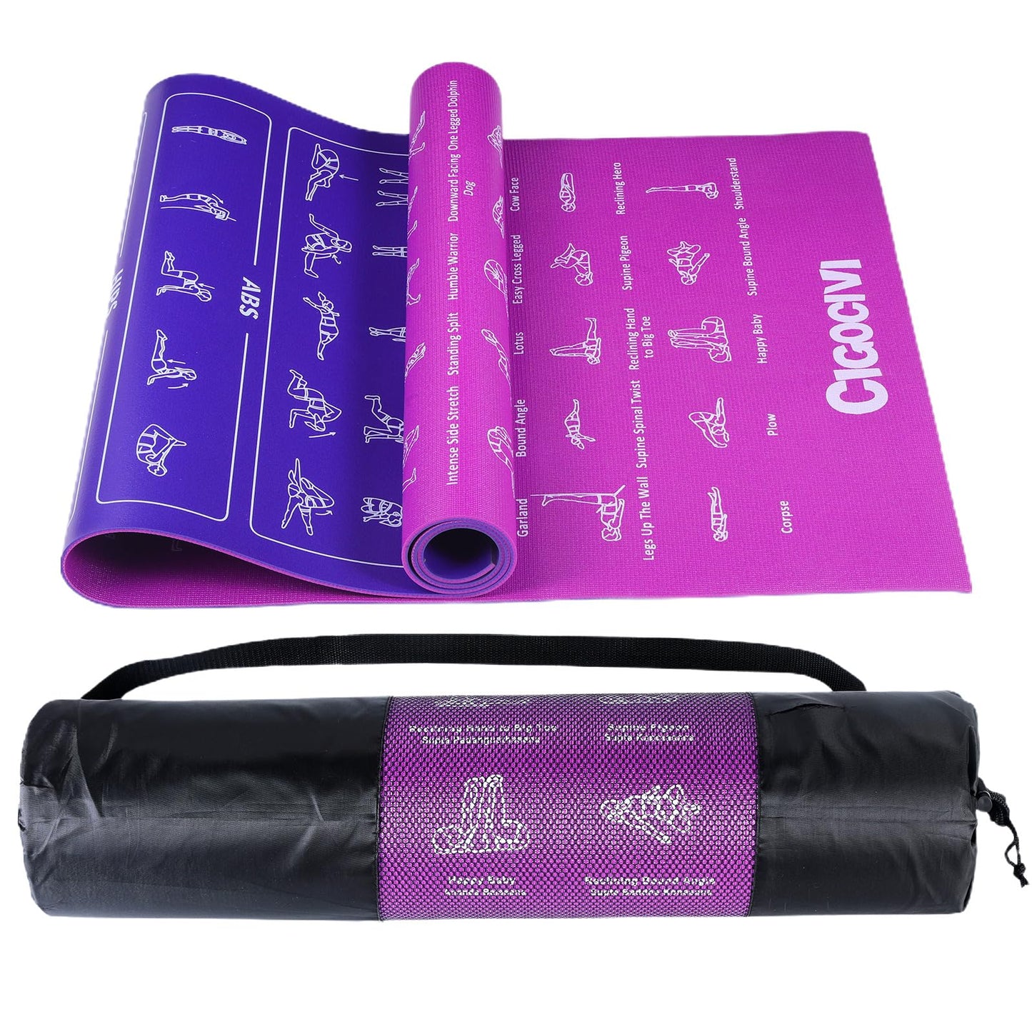 Instructional Travel Yoga Mat with 75 Poses & Exercises - Non-slip Exercise Mat for Home Workout, Includes Carrying Bag - Perfect for Beginners, 68"x24"x0.25"