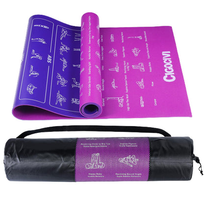 Instructional Travel Yoga Mat with 75 Poses & Exercises - Non-slip Exercise Mat for Home Workout, Includes Carrying Bag - Perfect for Beginners, 68"x24"x0.25"