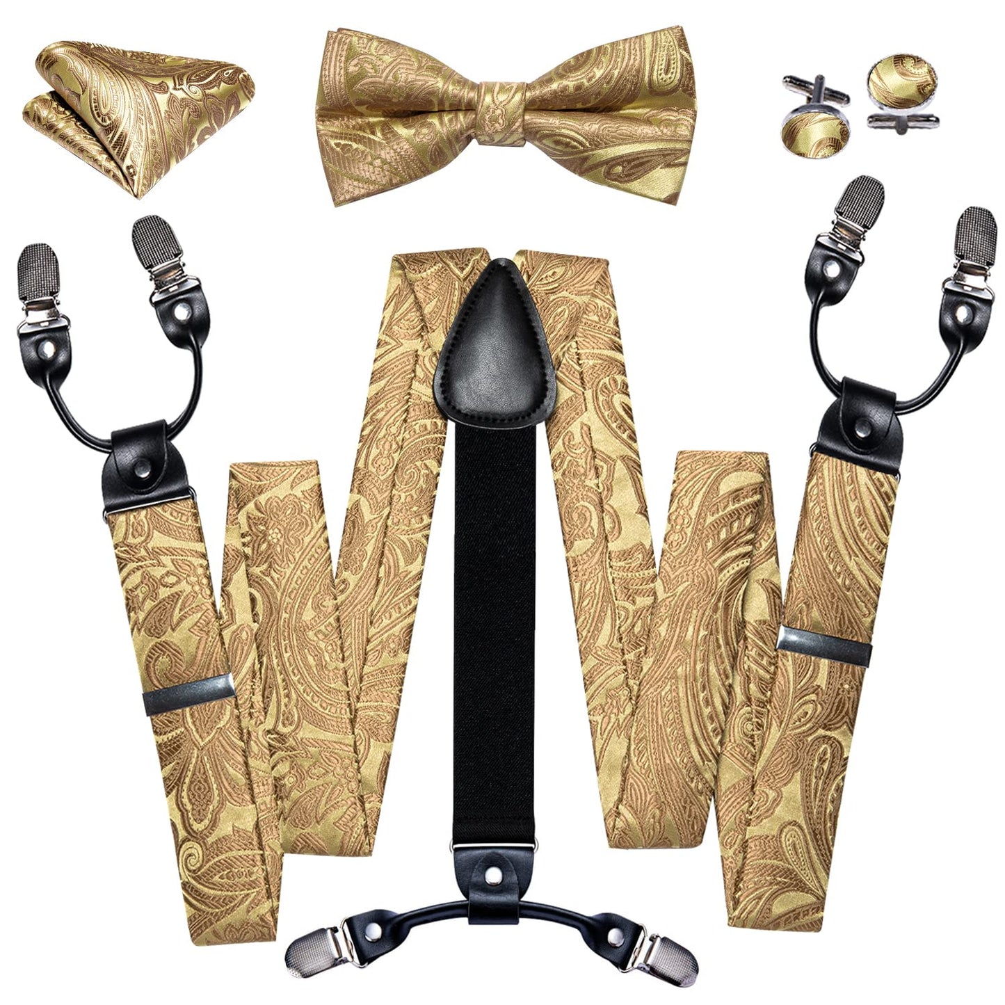 Barry.Wang Suspenders and Bow Tie Set for Men Solid Paisley Bowtie Y Shape Brace Handkerchief Cufflinks 6 Strong Clips