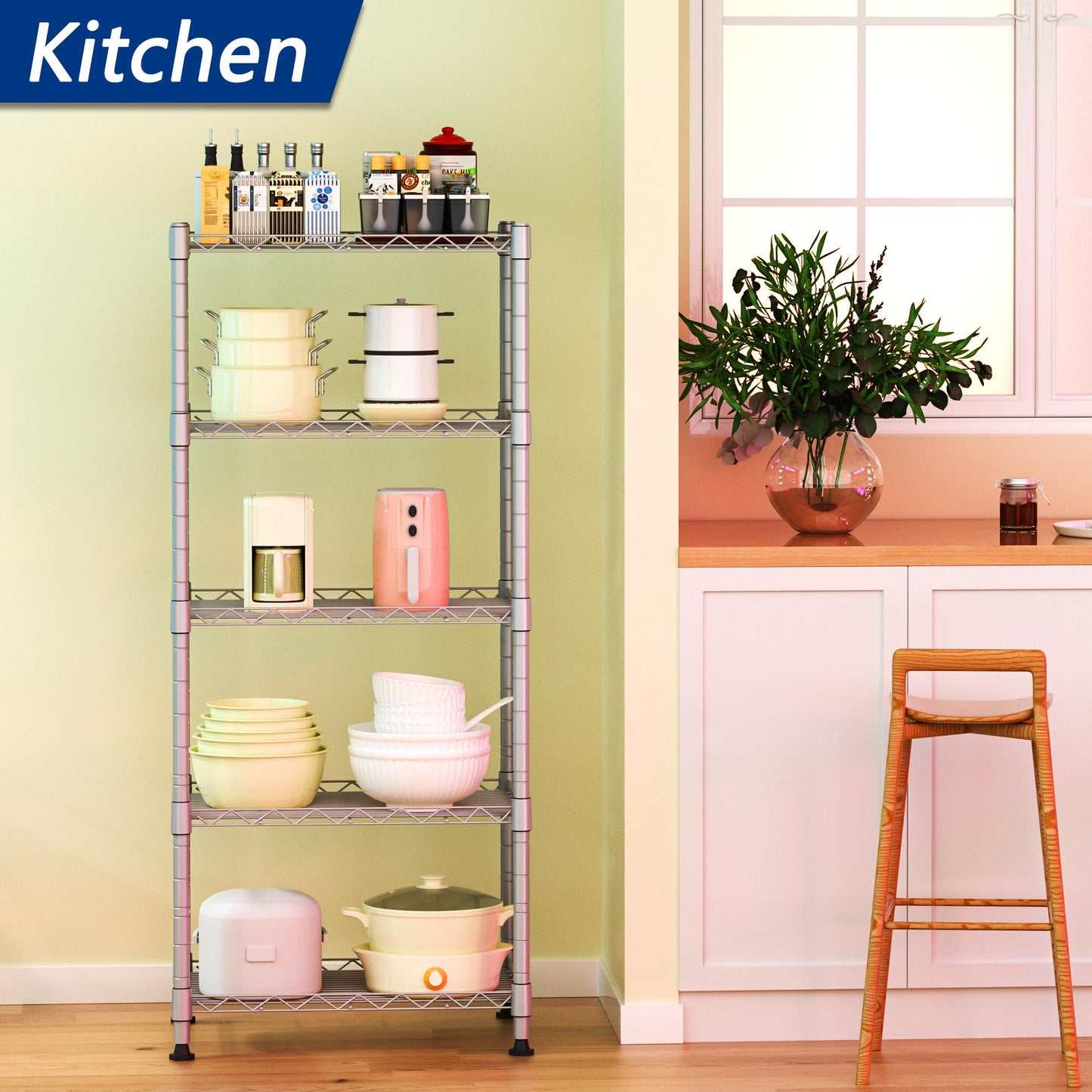 REGILLER 5-Wire Shelving Metal Storage Rack Adjustable Shelves,Standing Storage Shelf Units for Laundry Bathroom Kitchen Pantry Closet(Black,11.8" D x 16.6" W x 53.5" H)