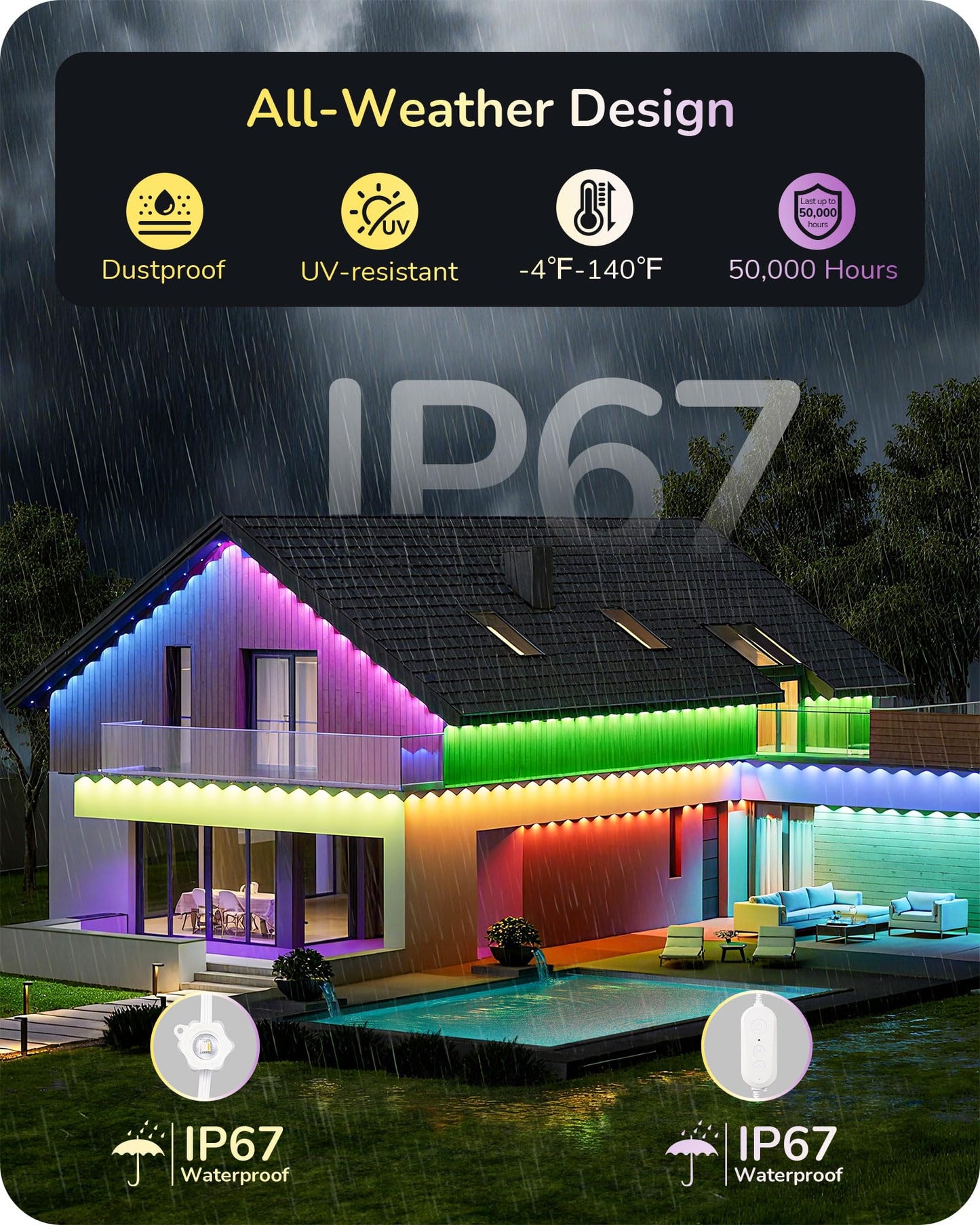 EDISHINE 150FT Cuttable Permanent Outdoor Lights Pro, 90 RGBIC Warm/White LED Eave Lights, 111+ Scene Modes House Lights Outdoor All Year, App/Voice/Remote, IP67 Waterproof for Party & Holiday Decor