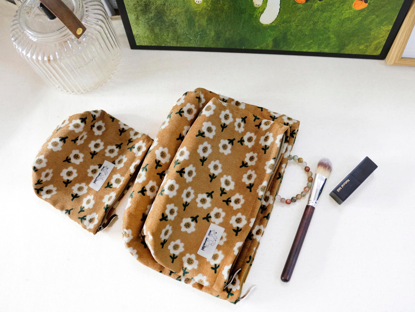 HAPPYHEIDI Floral Makeup Bag Set 3 Cosmetic Toiletry Organizer Zipper Pouch for Purse Tote, Women Girls Gift, Large Medium Small, Kihaki Brown Corduroy