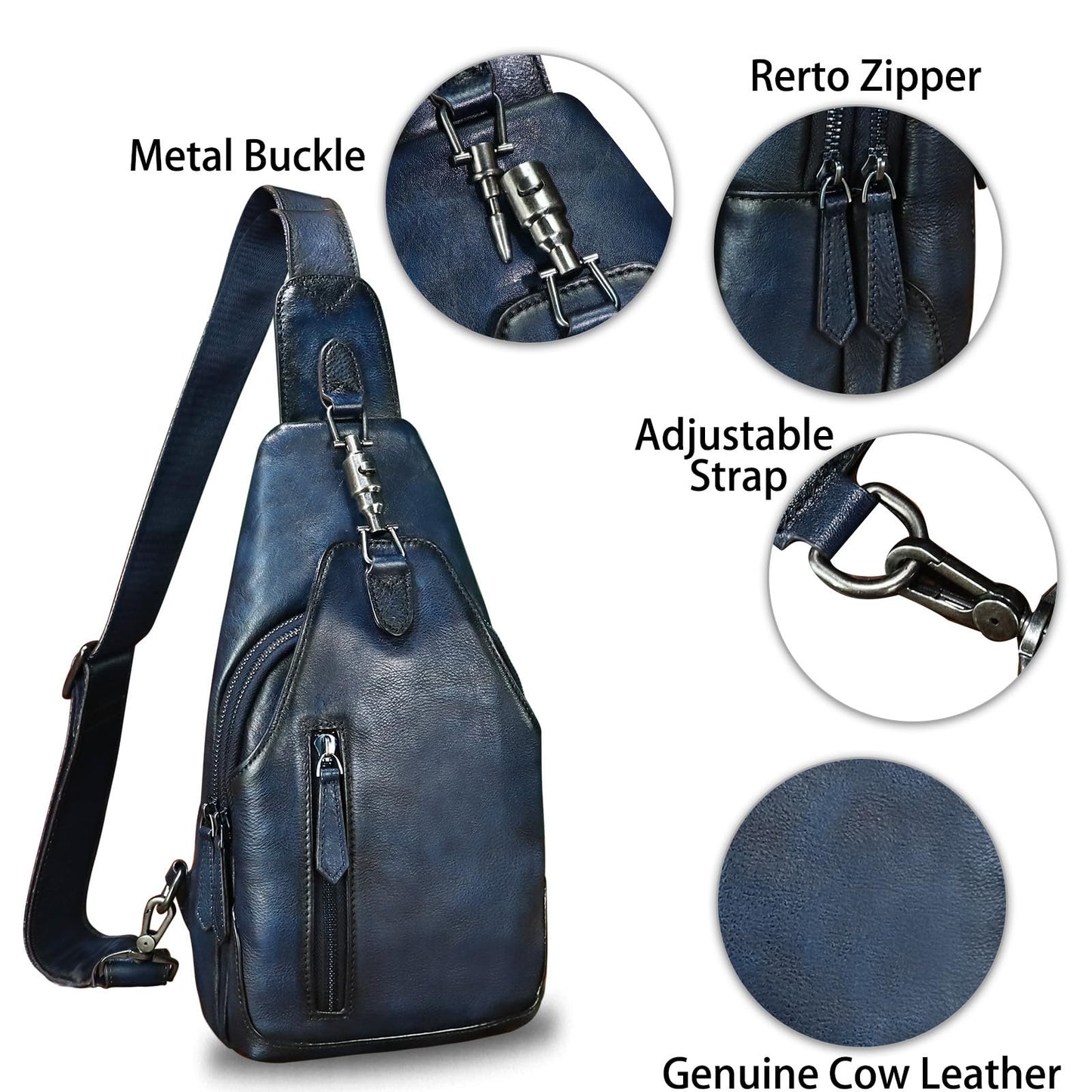 LRTO Genuine Leather Sling Bag for Men and Women Real Leather Shoulder Crossbody Bag Chest Bag Sling Backpack Purse (Blue)