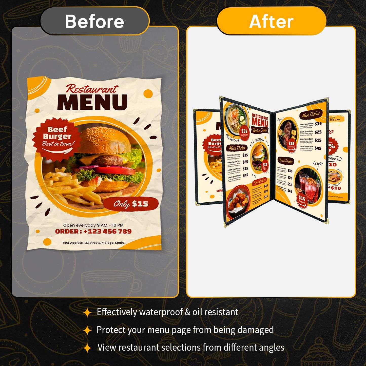 FLKQC Menu Covers 8.5 x 11 | Pack of 30 Restaurant Recipe Menu Covers Transparent Restaurant Menu Covers for Kitchen, Drink, Wine Menu Covers Black (8.5"x 11" (4 Pages, 8 View))