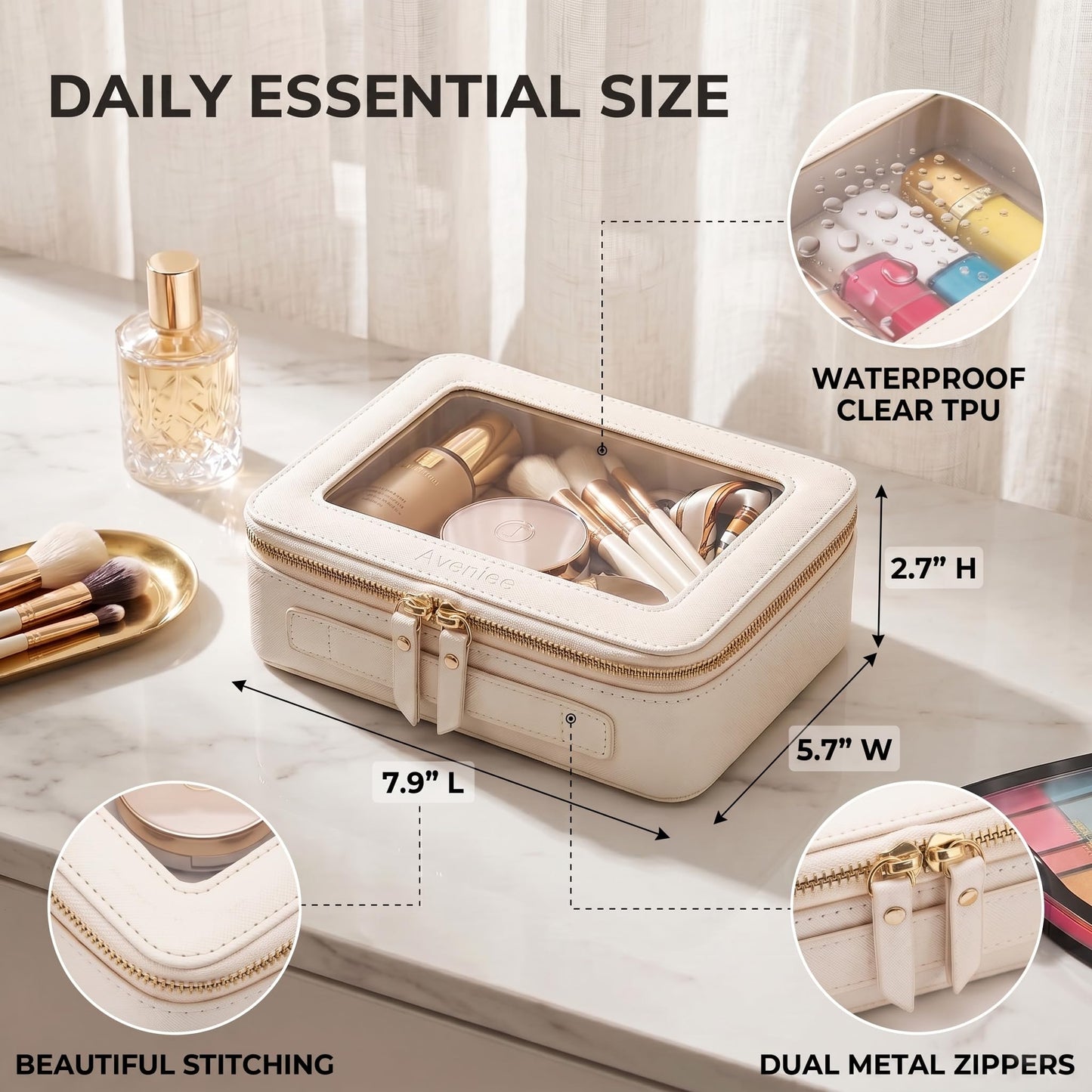 Aveniee Clear Makeup Bag Organizer, Travel Toiletry Bag Cosmetic Case for Women, Make Up Skincare Pouch Car Organizer Bag with Zippers for Essentials,White,Medium Classic