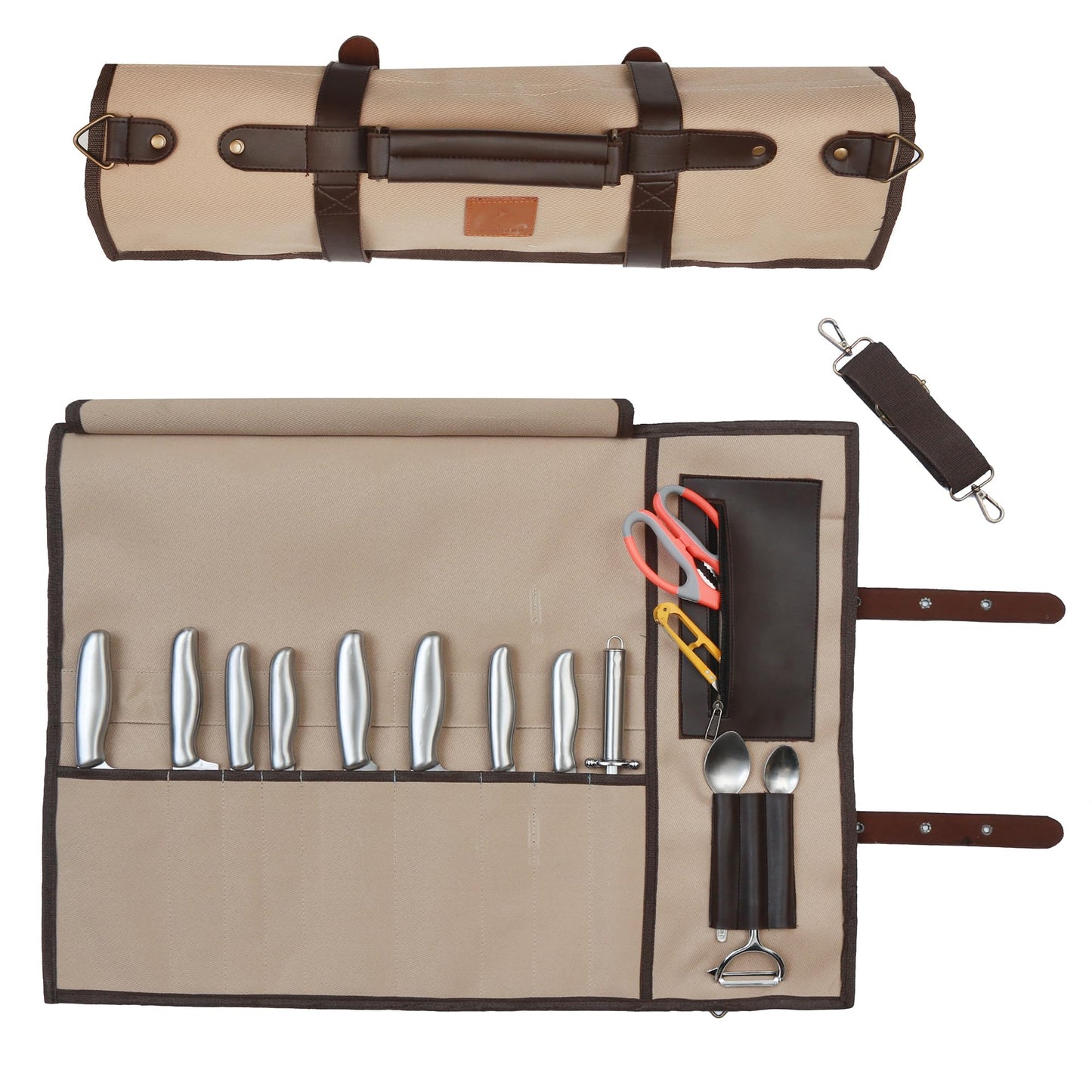 Pargana Chef Knife Roll Bag 9 Knife Slots - Durable Water-Resistant Acrylic Canvas Knife Roll Case Adjustable Leather Shoulder Strap & Handle - Fits 12” Knives & Honing Steel -Culinary Travel-Friendly