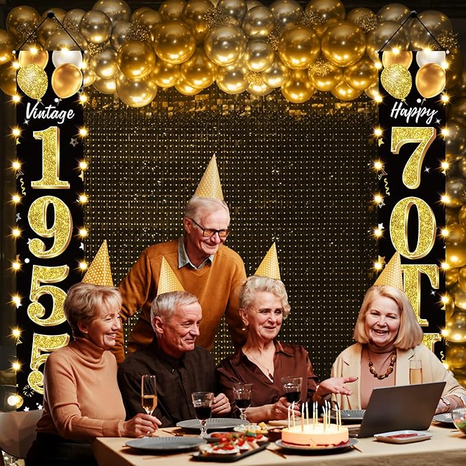 70th Birthday Decorations Lighted Banner for Men and Women - Black Gold Vintage 1955 70th Birthday Door Banners with LED Light, Seventy Years Bday Party Supplies for Indoor Outdoor Decor