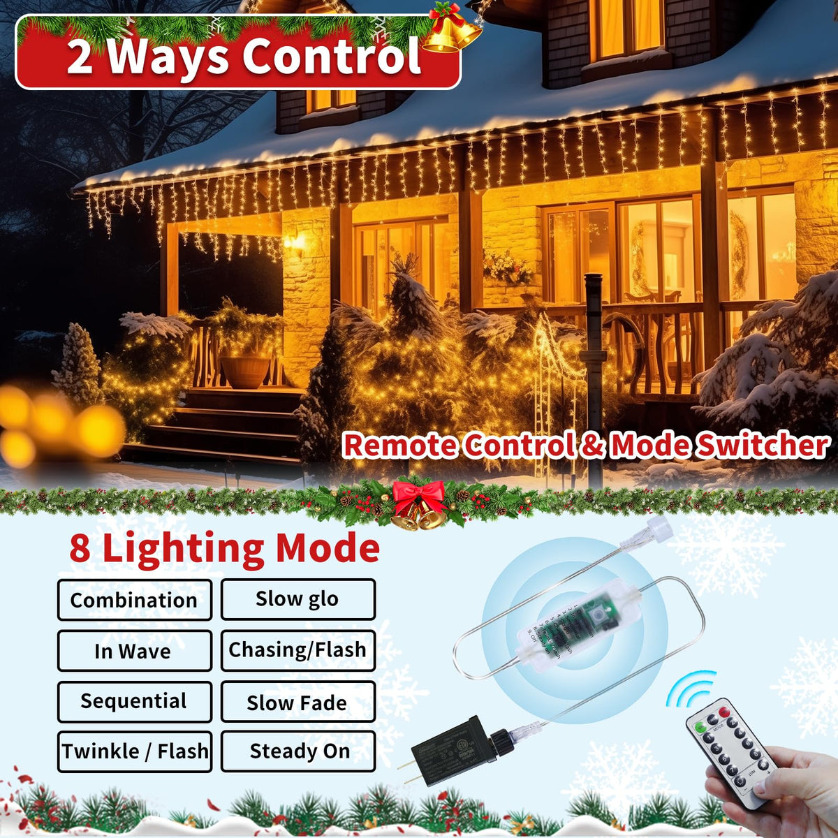 Ryblgled Plug-in Icicle Christmas Lights Waterproof - 65Ft 506 LED Icicle Lights for Outside Decorations with Remote, Warm White Icicle String Lights for Outdoor Indoor House Balcony Decor