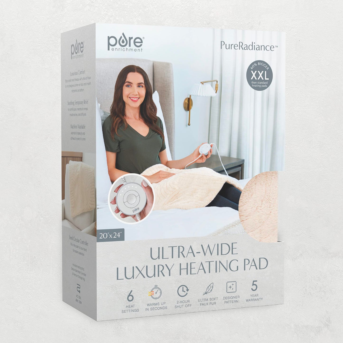 Pure Enrichment PureRadiance Luxury Heating Pad for Cramps, Back, Neck, & Shoulder Pain Relief, Patented Design, Soft Faux Fur & Micromink, 6 Heat Settings, Machine Washable, 12”x24”(Cloud)
