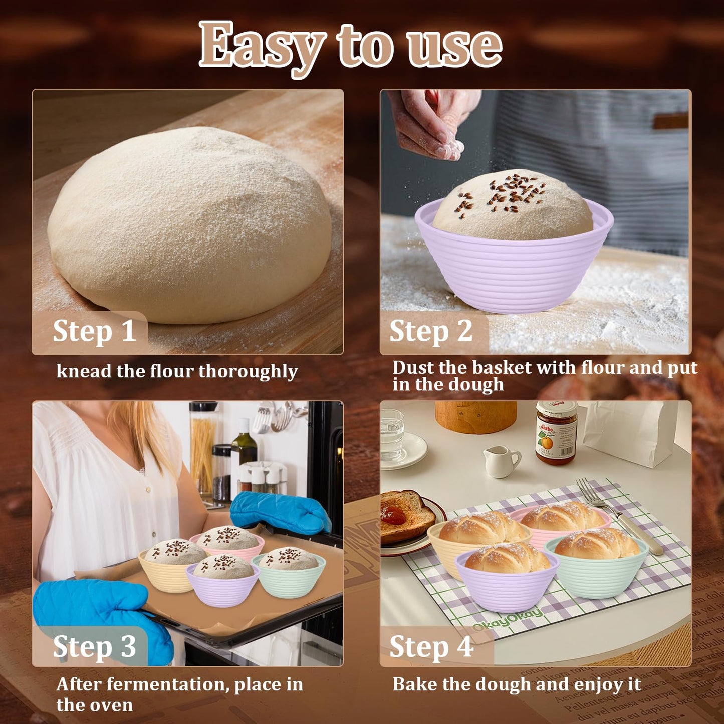 4Pcs Silicone Bread Proofing Baskets, 9" Collapsible Sourdough Bread Baking Supplies Non-Stick Round Dough Proofing Bowl Containers Oven Safe for Various Tastes Bread Making-BPA Free