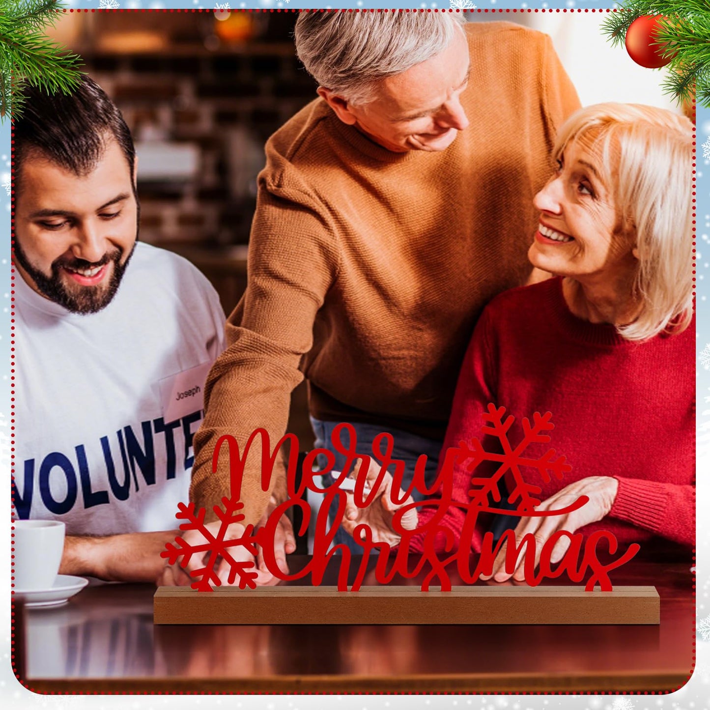 Yaocom 13.78 Inch Merry Christmas Table Sign Xmas Metal Letter Decor Christmas Freestanding Tabletop Decoration with Wooden Base for Home Tiered Tray Centerpiece Mantel Shelf Fireplace