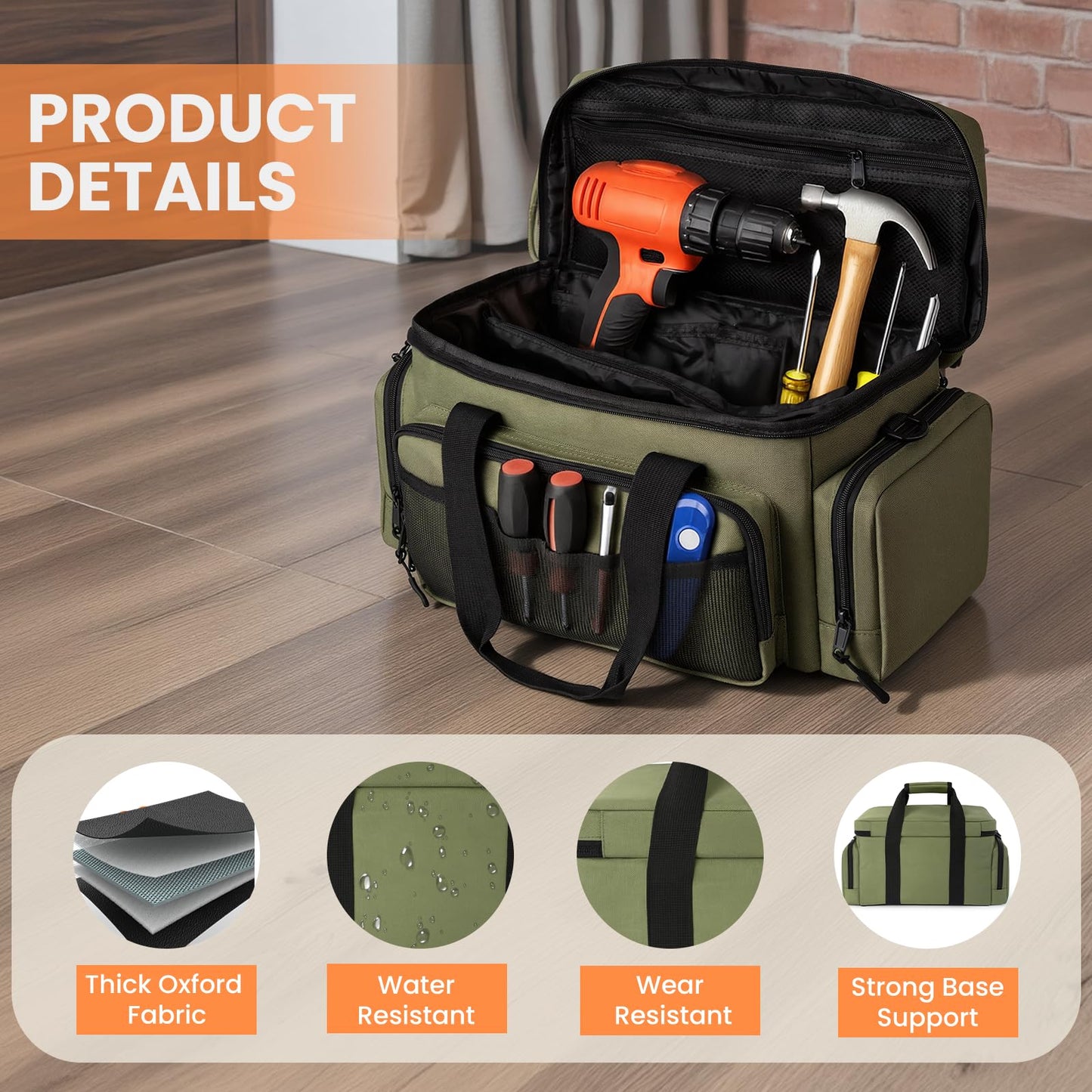 VJI Heavy Duty Tool Bag with Multi-Pockets, Portable Storage Bag with Large Zipper, Carrying Toolbag with Adjustable Shoulder Strap and Ergonomic Handle, Repairman, Carpenters, Handyman, Green