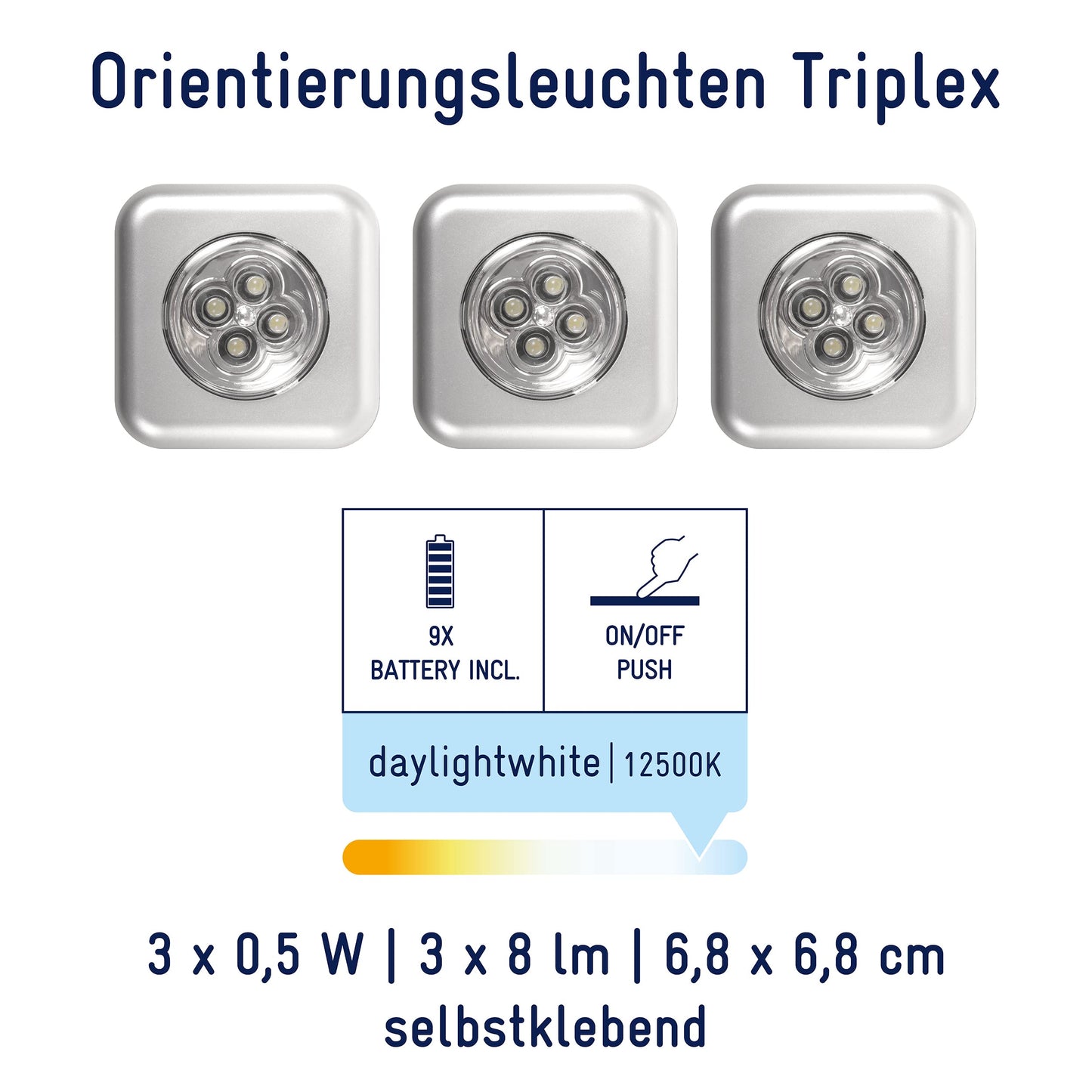 Müller-Licht 400136 LED Battery Pressure Light Set of 3 Including Adhesive Pad and 3 AAA Batteries 0.5 Watt Plastic Silver 6.8 x 6.8 x 2.5 cm