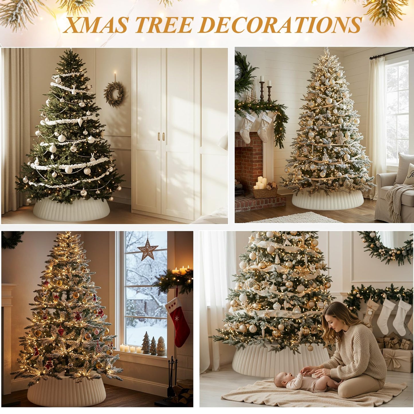 OurWarm White Christmas Tree Collar, Luxury Plush Faux Fur Tree Collar with Stripe Textured Pattern, Soft Fluffy Xmas Tree Ring Boho Tree Skirt for Holiday Decorations Indoor Home Decor