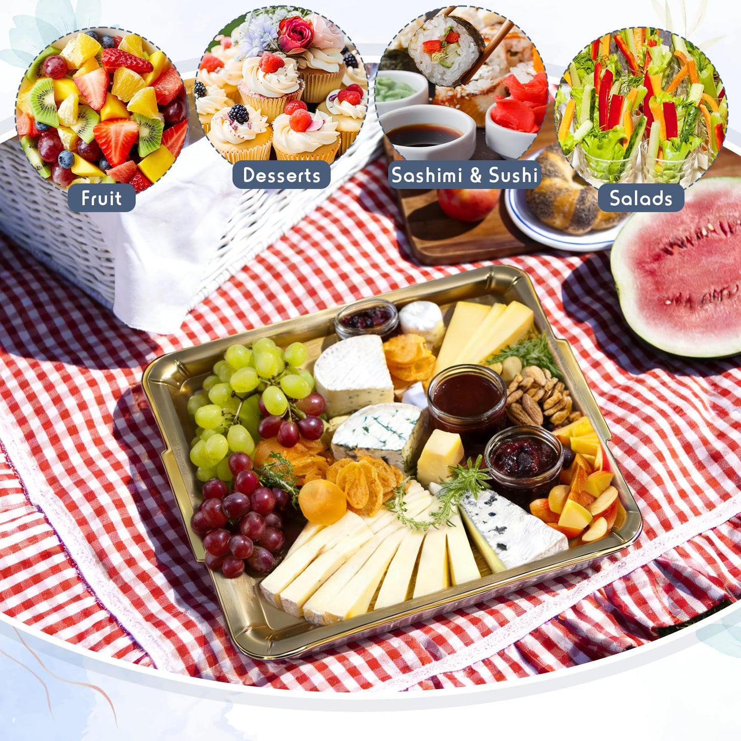 Baderke 2 Set Chilled Serving Tray for Christmas Parties Ice Chilled Party Platter Charcuterie Serving Board Cold Dish Dip with Forks Tongs for Fruit Seafood Vegetable Appetizer (11.81",Gold)