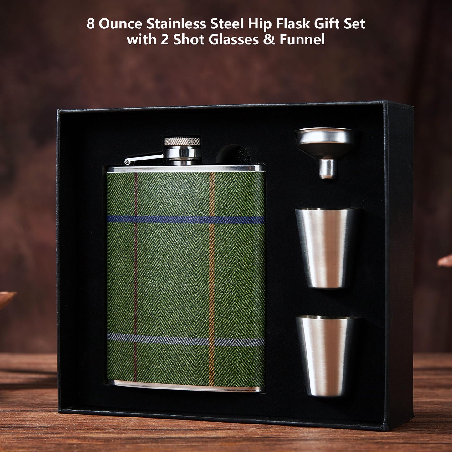Luxury 8 Ounce Stainless Steel Hip Flask Gift Set with 2 Shot Glasses and Funnel Leather-Printed Cover (Denim Fabric Pattern)