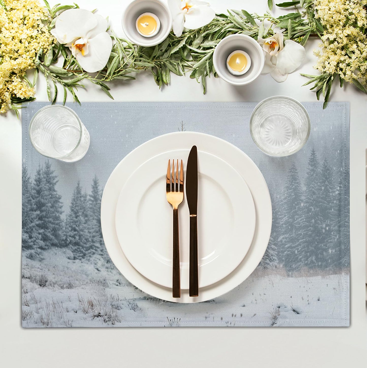 Wnoesat Winter Placemats Set of 4, 12x18 Inch Christmas Pine Tree Snowflake Linen Table Mats Seasonal Washable Farmhouse Place Mats for Kitchen Dining Xmas Holiday Party Decor