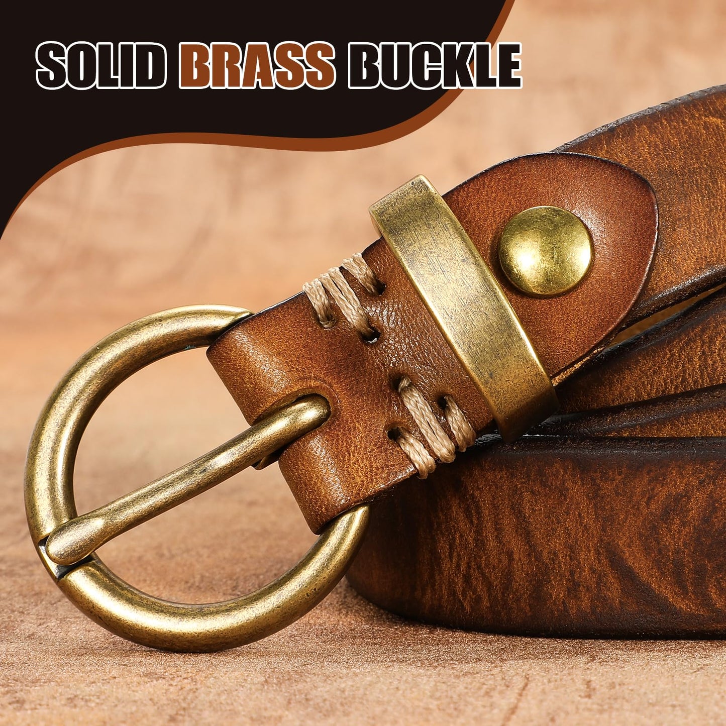 SANSTHS Womens Genuine Leather Belts for Jeans Pants Trendy Vintage Thin Leather Belt Gold Buckle Ladies Skinny Waist Belt,Brown,S
