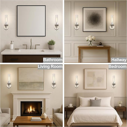 Brushed Nickel Bathroom Vanity Light, Wall Sconces Set of 2 with Knurled Texture, Chrome Silver Wall Lamps with Clear Glass Shade, Modern Industrial Bathroom Lighting Fixtures Over Mirror