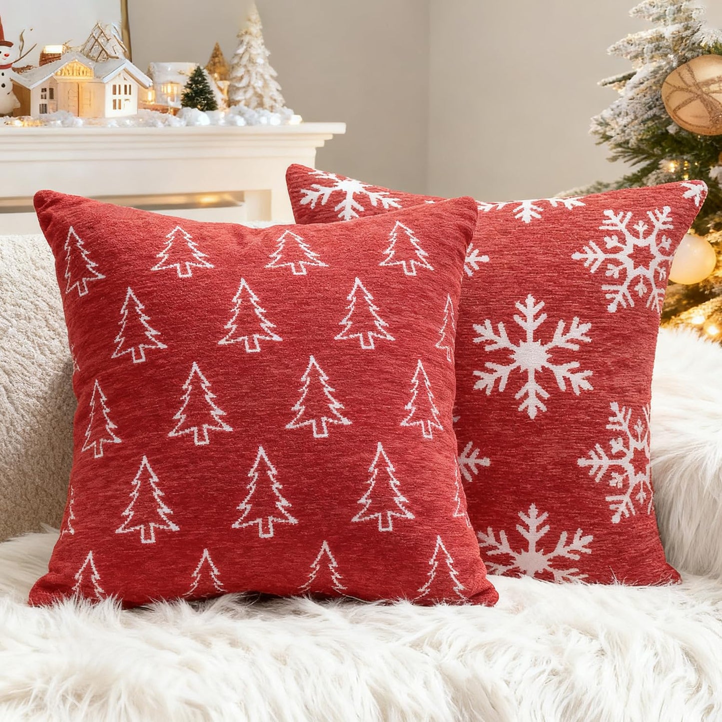 Auomily Christmas Chenille Pillow Covers 20x20 Set of 2, Reversible Snowflake & Tree Design, Cozy Farmhouse Holiday Throw Pillowcases with Hidden Zipper for Sofa, Couch and Bed(Red,20x20)
