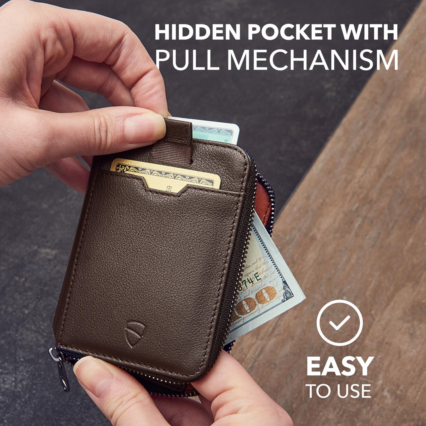 Vaultskin NOTTING HILL Minimalist Leather Zipper Wallet for Women and Men: Slim Multi Cardholder with RFID Blocking and Keychain Ring (Brown)