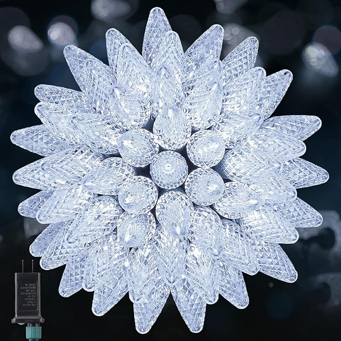 C9 LED Christmas Lights Outdoor, 33 FT 50 LED C9 String Lights, 8 Modes & Timer Connectable Waterproof for Christmas Tree Light Indoor Outdoor Roofline Patio Outside Garden Yard Xmas Decoration, White