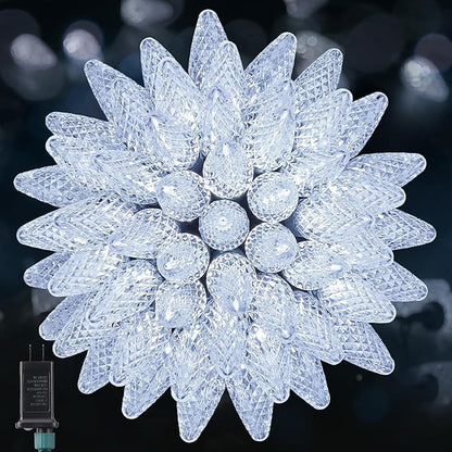 C9 LED Christmas Lights Outdoor, 33 FT 50 LED C9 String Lights, 8 Modes & Timer Connectable Waterproof for Christmas Tree Light Indoor Outdoor Roofline Patio Outside Garden Yard Xmas Decoration, White