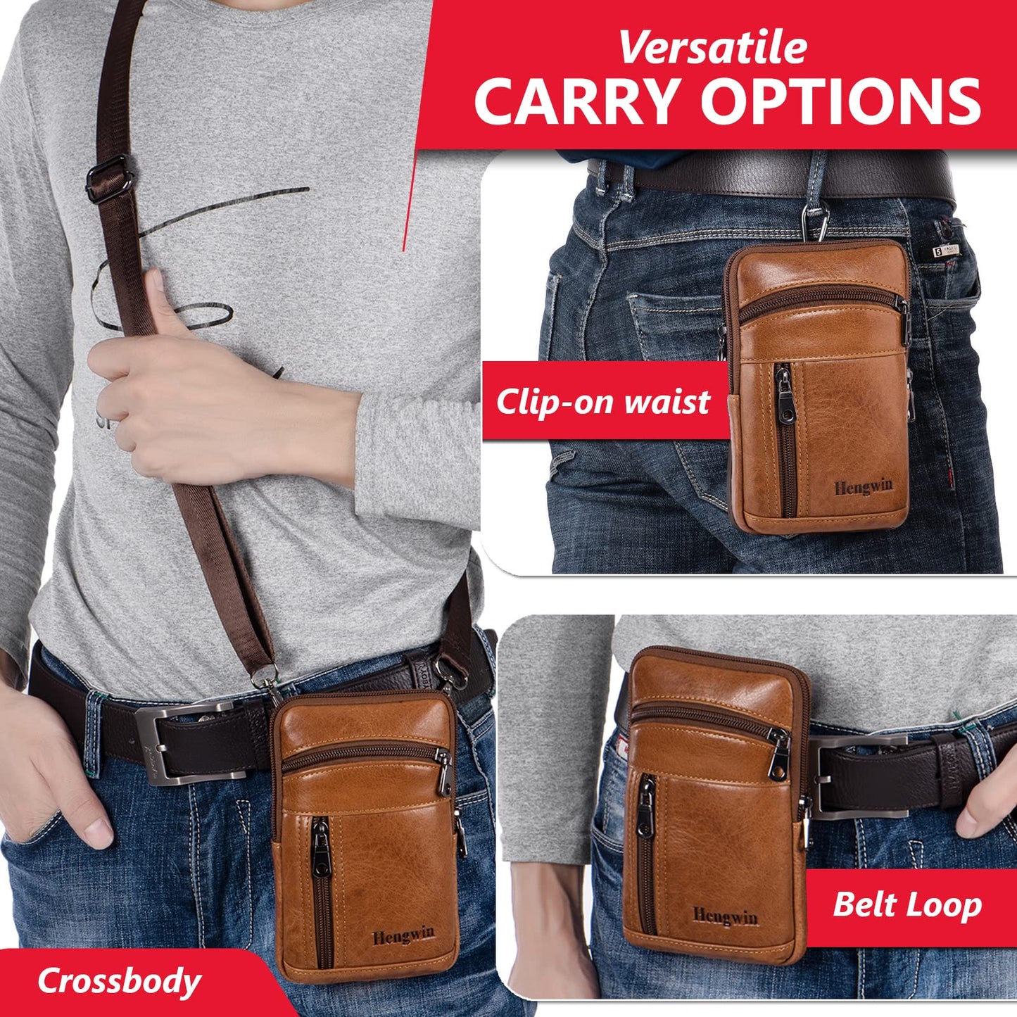 Hengwin Leather Phone Holster Fits for iPhone 16 15 14 13 12 11 Pro Max Samsung Galaxy S25 Ultra S24 Ultra S23+ A15 Wallet Case with Belt Clip Pouch Crossbody Cell Phone Purse Men Shoulder Bag (Brown)