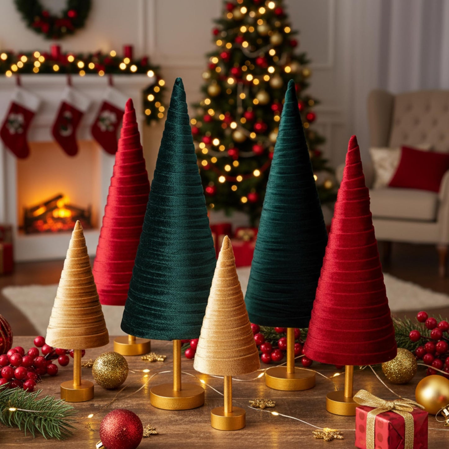 Hoolerry 6 Pcs Christmas Velvet Trees with Gold Pedestal Christmas Velvet Cones Tree Mantel Decor Modern Rustic Winter Home Minimalist for Holiday Entryway Table Wedding Centerpiece(Xmas)