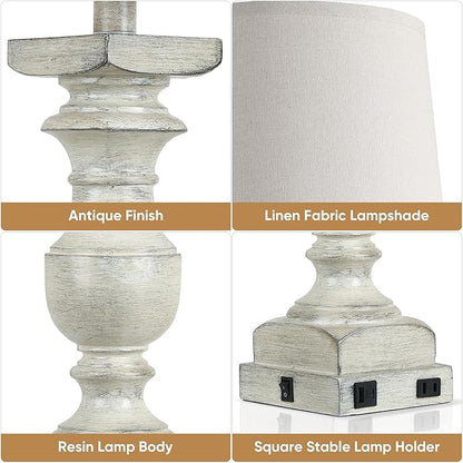 Farmhouse Table Lamp Set of 2, 28'' Bedside Lamps with USB A+C Port, Traditional Nightstand Lamps for Room, Vintage Table Lamp, Desk Lamp for Bedroom, Beige Lampshade, Rocker Switch, Bulb Included