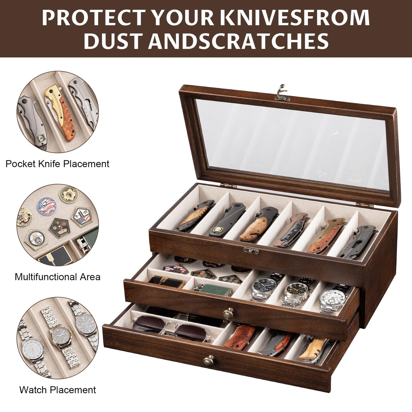 Yoimori Knives Display Box, 3-Layer Pocket Knives Box Display & Storage Knives, Solid Wood Knives Box for Collections, Gift for Boyfriend Fathers Day Birthday Gifts(Walnut)