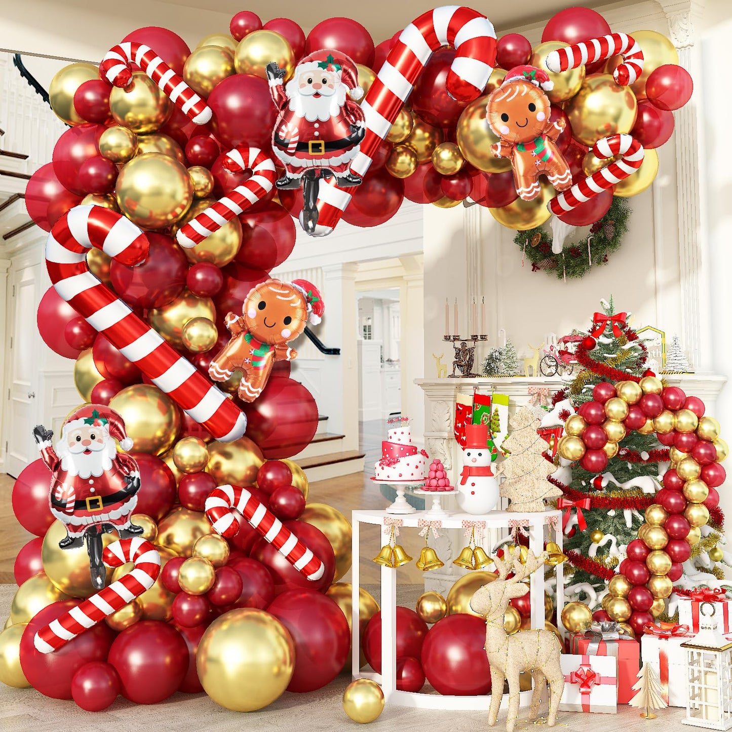 Christmas Balloon Arch Garland Kit, 114Pcs Retro Red Metallic Gold Latex Balloons with Large Cane Gingerbread Man Santa Claus Xmas Foil Balloons for Birthday Merry Christmas Party New Year Decorations