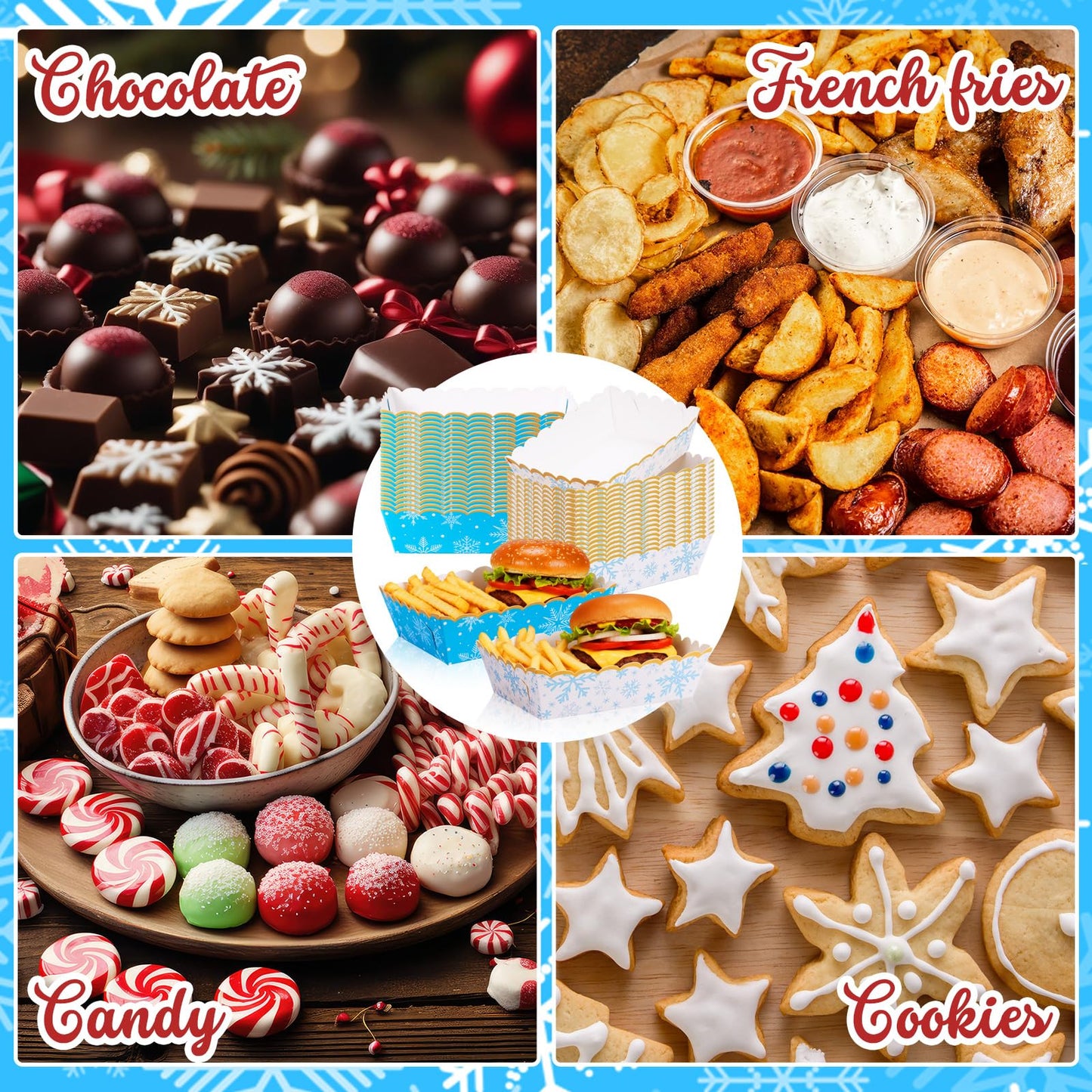 Dunzoom 60 Pcs Blue White Winter Snowflake Paper Food Trays Winter Wonderland Party Decoration Snowflake Snack Trays Nacho Boats Bowl Disposable for Holiday Birthday Baby Shower Party Supplies