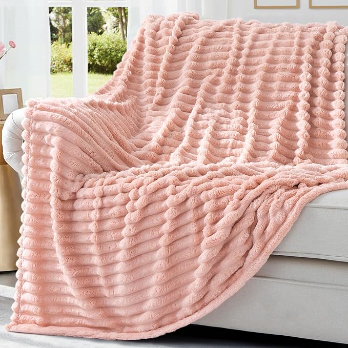 decorUhome Soft Fleece Pink Twin Blanket for Bed, Cozy Fluffy Plush Flannel Striped Throws for Couch Sofa, Lightweight Decorative Ribbed Fuzzy Blanket for Woman, 60x80 Inches