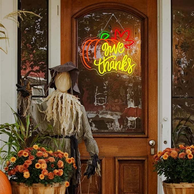 Give Thanks Neon Sign with Light Up Pumpkin LED Neon Light Fall Themed Pumpkins Decor for Bedroom Fall Wall Decor Gift for Teens and Adults