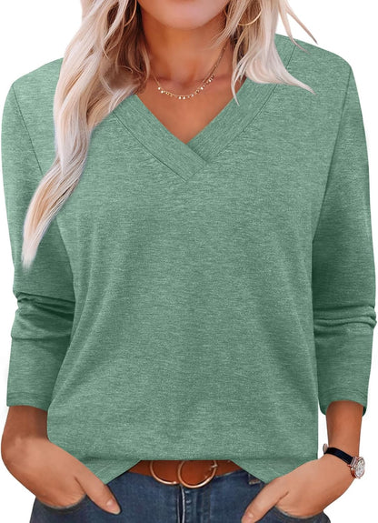 XIEERDUO Long Sleeve Shirts for Women V Neck Fall Tops Basic Tunic Tops Loose Fit Dressy 2025