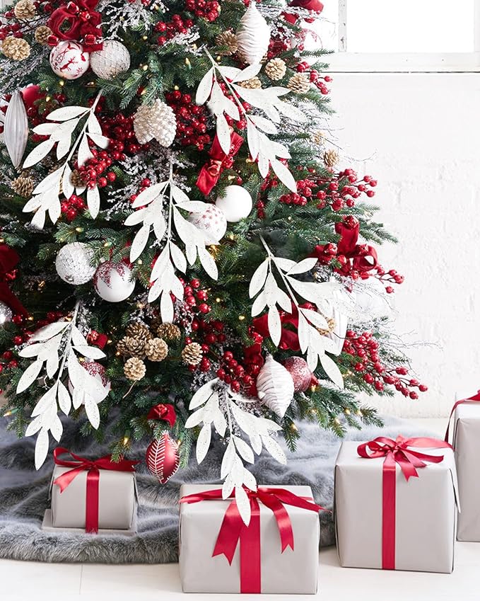 DILATATA 6Pcs Christmas Glitter Leaves Bay Leaves Spray 24" Artificial White Bay Leaf Picks Sprays Giltter Stems for Halloween Centerpiece Christmas Home Decor Home Decor - White